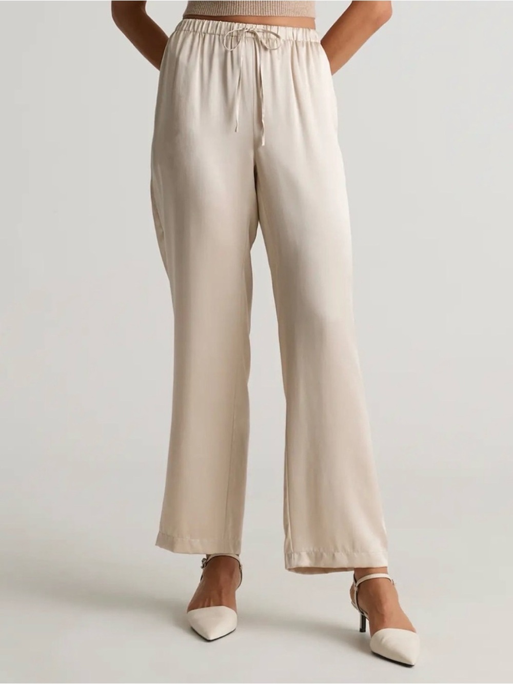NWT Quince 100% Silk Washable Silk Wide Leg Pants Ivory Champagne size XS